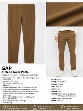 GAP Athletic Taper Pants Brown 42x30 NWT Stretch Chino. Big & Tall Maple Brown